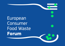 Blue background with a white fork and spoon, and the words "European Consumer Food Waste Forum"