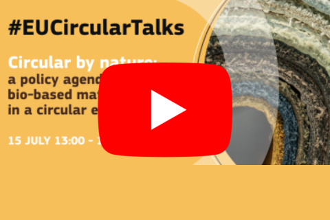 #EU Circular Talks. Circular by nature: a policy agenda for bio-based materials in a circular economy. 15 July, 13:00-14:00 CEST. Logos of the Ellen MacArthur Foundation and the ECESP, with Youtube play button