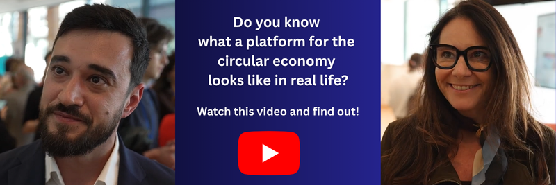 Photos of Andrei Geica and Agnieszka Sznyk, and the words 'Do you know what a platform for the circular economy looks like in real life? Watch this video and find out' and the Youtube play button 
