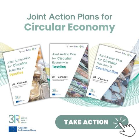 White image with yellow, green and blue letters displaying three "Joint Action Plans for Circular Economy in Europe" reports