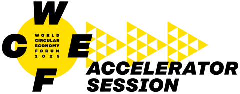 "WCEF, World Circular Economy Forum 2025, accelerator session" with yellow triangles arranged to form arrows pointing forward