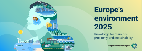 Image of a woman's head and shoulders made up of images representing wind energy, water, transport, biodiversity. the text: "European Environment Agency - Europe′s environment 2025 - Main report - Europe′s environment and climate: knowledge for resilience, prosperity and sustainability - EEA Report"