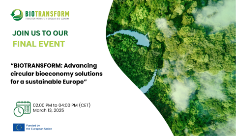 Background of a forest with the logo of BIOTRANSFORM the title and date of the event