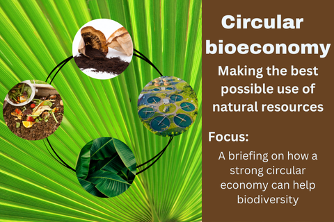 Circular bioeconomy – making the best possible use of natural resources. Focus: a briefing on how a strong circular economy can help biodiversity. Images of coffee grounds, food waste, banana leaves and sewage ponds.