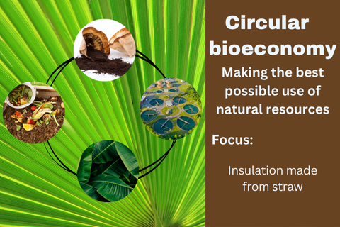 "Circular bioeconomy – making the best possible use of natural resources. Focus: insulation made from straw". Images of coffee grounds, food waste, banana leaves and sewage ponds.