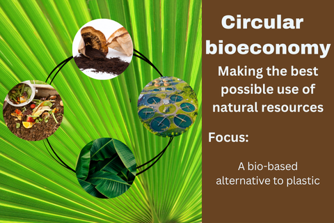 "Circular bioeconomy – making the best possible use of natural resources. Focus: a bio-based alternative to plastic." Images of coffee grounds, food waste, banana leaves and sewage ponds.