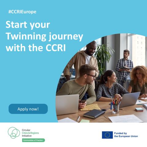 People standing and sitting on one side of a table discussing and working together, a blue background with the text: #CCRIEurope Start your Twinning journey with CCRI Apply now!, the logo of CCRI and an EU flag with the text: funded by the European Union