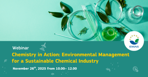 The top half of the visual is a picture of chemistry equipment (petri dishes, test tubes...) with leaves. The bottom half reads: Webinar Chemistry in Action: Environmental Management for a Sustainable Chemical Industry November 26th 2025 from 10:00-12:00.