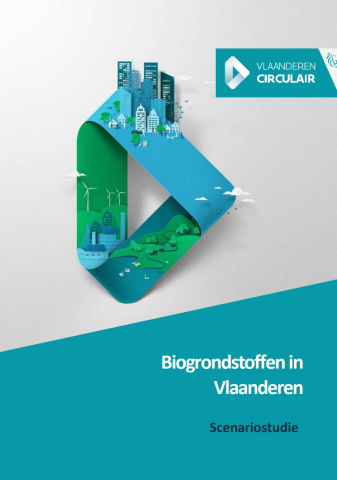 Front page of the report with the Circular Flanders logo with images of a city, clouds, wind turbines, hills with a river. The text reads: Biogrondstoffen in Vlaanderen Scenariostudie