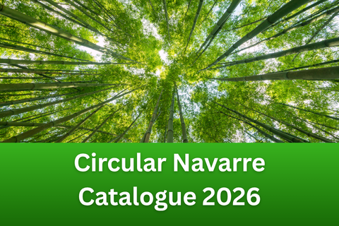  Photo looking up at tall trees, with the words Circular Navarre Catalogue 2026
