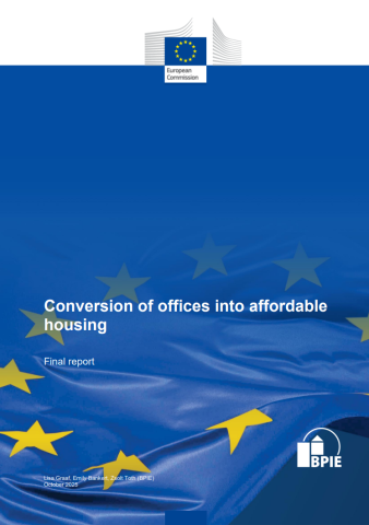 Font page of the report. At the top is the logo of the European Commission, the background is blue with the stars of the EU flag, in the middle is the title of the report. At the bottom are the names of the authors, October 2025, and the logo of BPIE