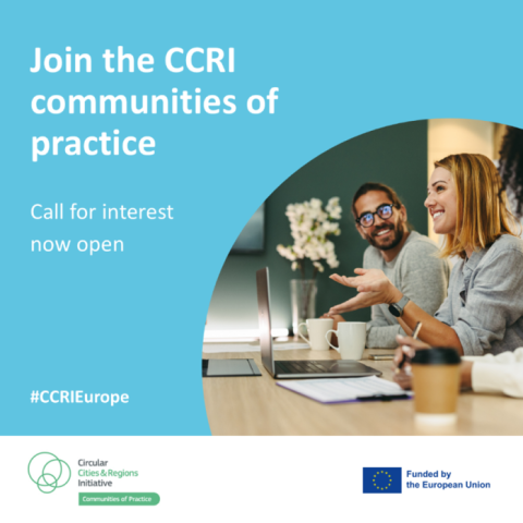 Two people looking engaged in a meeting and the title of the call "Join the CCRI communities of practice". At the bottom, the logo of CCRI and the EU flag
