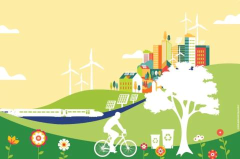 Drawing of a landscape with green hills, a tree and flowers, two recycling bins, a cyclist, solar panels, wind turbines, houses and apartments and a train