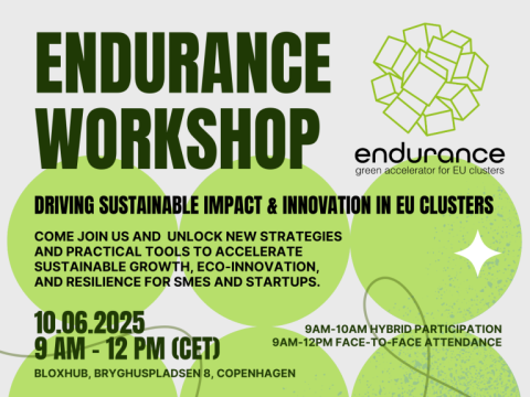 Event poster with green circles, endurance project logo and with the words "ENDURANCE WORKSHOP. DRIVING SUSTAINABLE IMPACT & INNOVATION IN EU CLUSTERS. COME JOIN US AND UNLOCK NEW STRATEGIES AND PRACTICAL TOOLS TO ACCELERATE SUSTAINABLE GROWTH, ECO-INNOVATION, AND RESILIENCE FOR SMES AND STRATUPS. 10.06.2025, 9 AM - 12 PM (CET). BLOHUB, BRYGHUSPLADSEN 8, COPENHAGEN.