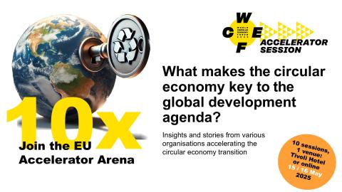Picture of a globe with a key hole and a key unlocking it. WCEF accelerator session stamp. The text reads: 10x join the EU Accelerator Arena, what makes the circular economy key to the global development agenda? insights and stories from various organisations accelerating the circular economy transition. 10 sessions, 1 venue: Tivoli Hotel or Online. 15 and 16 May 2025.