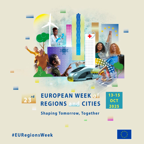 Multiple overlapping images of buildings, a train, people, a wind turbine, solar panels, trees, AI, a robot, and more. The text reads: 23rd European Week of Regions and Cities Shaping Tomorrow, Together 13-15 OCT 22025 #EURegionsWeek. In the bottom right corner is the EU flag.