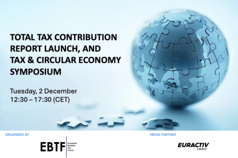 Event banner with the words "Total Tax Contribution Report Launch, and Tax & Circular Economy Symposium". There is an image of a globe made up of puzzle pieces.