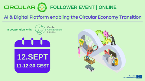 Green and purple webinar banner with the title "CircularPSP Follower Event: AI & Digital Platform enabling the Circular Economy Transition"