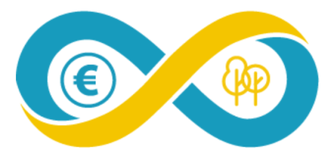 A yellow and blue figure of eight loop with a euro sign in one loop and trees in the other