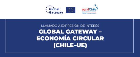 Visual with the logos of Global Gateway, the EU and agcid Chile. The text in Spanish reads: Chile y la Unión Europea realizan llamado a empresas a presentar soluciones innovadoras de economía circular