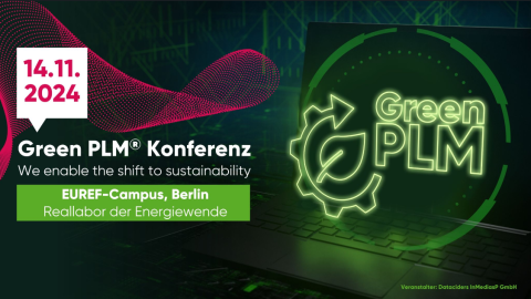 Background image of a laptop with the Green PLM logo ontop and the text: 14.11.2024 Green LM Konferenz We enable the shift to sustainability EUREF-Campus, Berlin Reallabor der Energiewende
