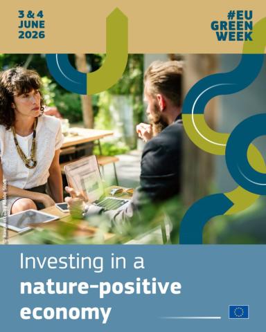 A man and a woman sitting opposite each other at a table outside. The dates 3&4 June 2026, #EUGreenWeek, the title of the conference and an EU flag