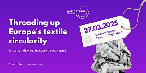 Purple image with a person holding a stack of clothes and with the words "Threading up Europe's textile circularity"