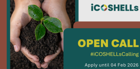 iCOSHELLs – Open call #iCOSHELLsCalling – Apply until 04 February 2026, with a photo of a hand holding earth and a young plant growing in it