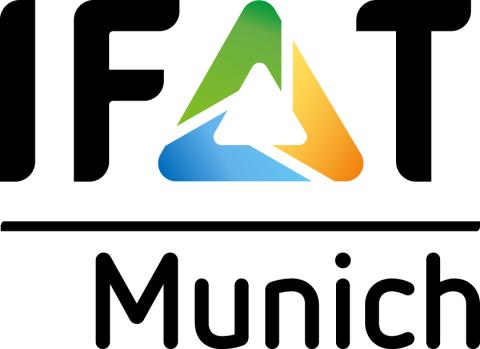 "IFAT Munich", with the A of IFAT actually a triangle made up of blue, green and yellow arrows leading around in a loop