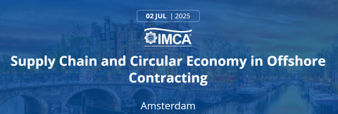 2 Jul 2025 – IMCA - Supply Chain and Circular Economy in Offshore Contracting - Amsterdam, against a photo of a cityscape with rivers and a bridge