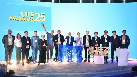 Men and women standing smiling on a stage, with the words LIFE Awards 2025 