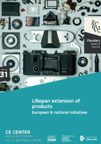 Flanders – state of the art. Pub. 31: Lifespan extension of products. European and national initiatives. CE Center, Circular Economy Policy Research Center. Logos of OVAM, Department of Economy, Science and Innovation and Vlaanderen Circulair. Photo of electronic components spread across a table.
