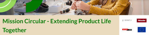 Someone holding electronic components with a screwdriver in front of them, the words "Mission Circular – Extending Product Life Together" and the logos of Repartly, Miele, MediaMarktSaturn and the EU.
