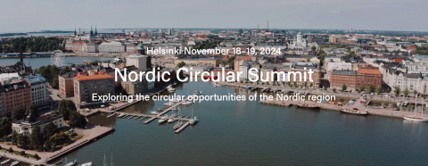 View of Helsinki city centre from the sea. Event title in white on top pf the photo.