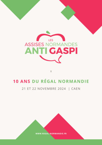 White event poster with a green and red apple shaped image in the middle with the French words "Les assises normandes antigaspi"