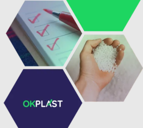 Four six-sided shapes, one with OKPLAST written in it, one with a hand holding plastic pellets, one with a chart with ticked boxes and one coloured green