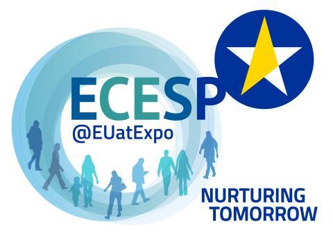 ECESP - @EUatExpo – Nuture tomorrow, with the ECESP circular logo with people and a yellow and white star in a blue circle
