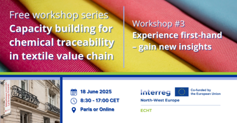 Folded textiles and the front of a building with the logo of Interreg North0West Europe, ECHT and the EU flag, with the words 'Co-funded by the European Union'. 'Free workshop series - Capacity building for chemical traceability in textile value chain, Workshop #3 – Experience first-hand - gain new insights. 18 June 2025, 8:30 - 17:00 CET'