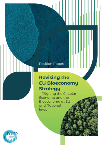 Leaf shapes with images of leaves and forest, the ECESP logo and the text: Position paper: Revising the EU Bioeconomy Strategy - Aligning the Circular Economy and the Bioeconomy at EU and National Level
