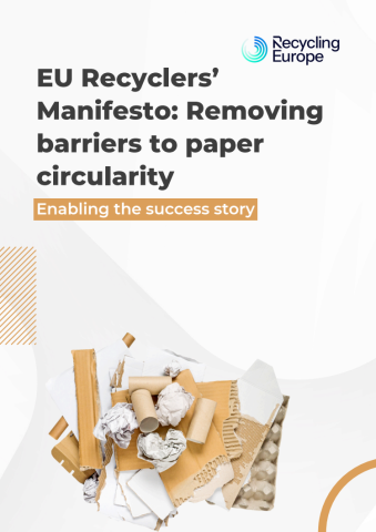 Front page of the manifesto with the Recycling Europe logo, the title of the paper, and a photo of waste paper products