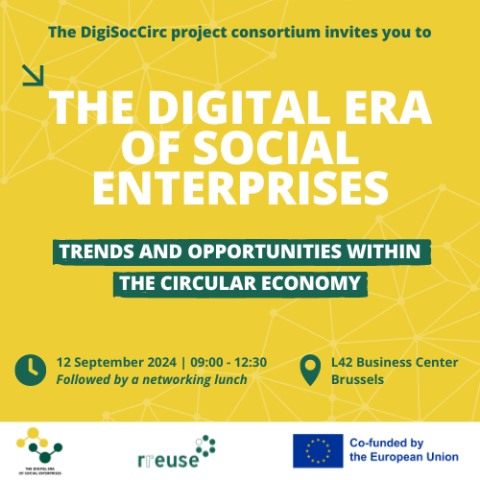 Yellow visual with the text: The DigiSocCirc project invites you to the digital era of social enterprises, trends and opportunities within the circular economy
