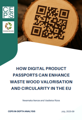 CEPS – Wood2Wood - HOW DIGITAL PRODUCT PASSPORTS CAN ENHANCE WASTE WOOD VALORISATION AND CIRCULARITY IN THE EU. Nwamaka Ikenze and Vasileios Rizos. CEPS IN-DEPTH ANALYSIS July, 2025-09. Photo of a QR code printed on a slice of wood