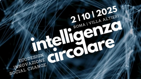 Event banner with the words "intelligenza circolare. Ecodesign, Innovazione, Social Change. 2.10.2025. Roma, Villa Altieri"
