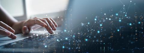 Woman using modern computer surfing internet futuristic metaverse, innovative technology background