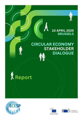 Dark green background with lighter green loops and grey silhouettes of people walking, the text: 10 April 2025 Brussels Circular Economy Stakeholder Dialogue Report, logos: ECESP, EESC, European Commission