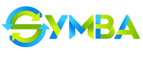 Word "SYMBA" written in stylistic blue and green capital letters symbolising circularity