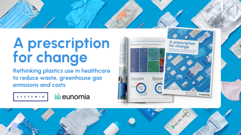 A blue event banner with healthcare products and with the words ""A prescription for change. Rethinking plastics use in healthcare to reduce waste, greenhouse gas emissions and costs"