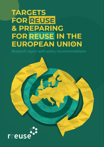 Front page of the report. At the top is the title: targets for reuse and preparing for reuse in the EU research report with policy recommendations. In the middle is a drawing of a target with an outline of Europe and two rounded arrows. At the bottom is the RREUSE logo.