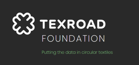 White letters on black background, with the words "TEXROAD FOUNDATION, putting the data in circular textiles" and a multipronged shape" 
