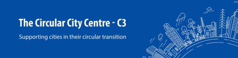 Drawing of a city with text "The Circular City Centre – C3 - Supporting cities in their circular transition"